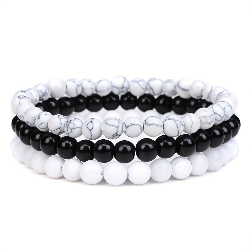 Men's & Women's 6mm Natural Stone Beads Bangle Bracelet Set